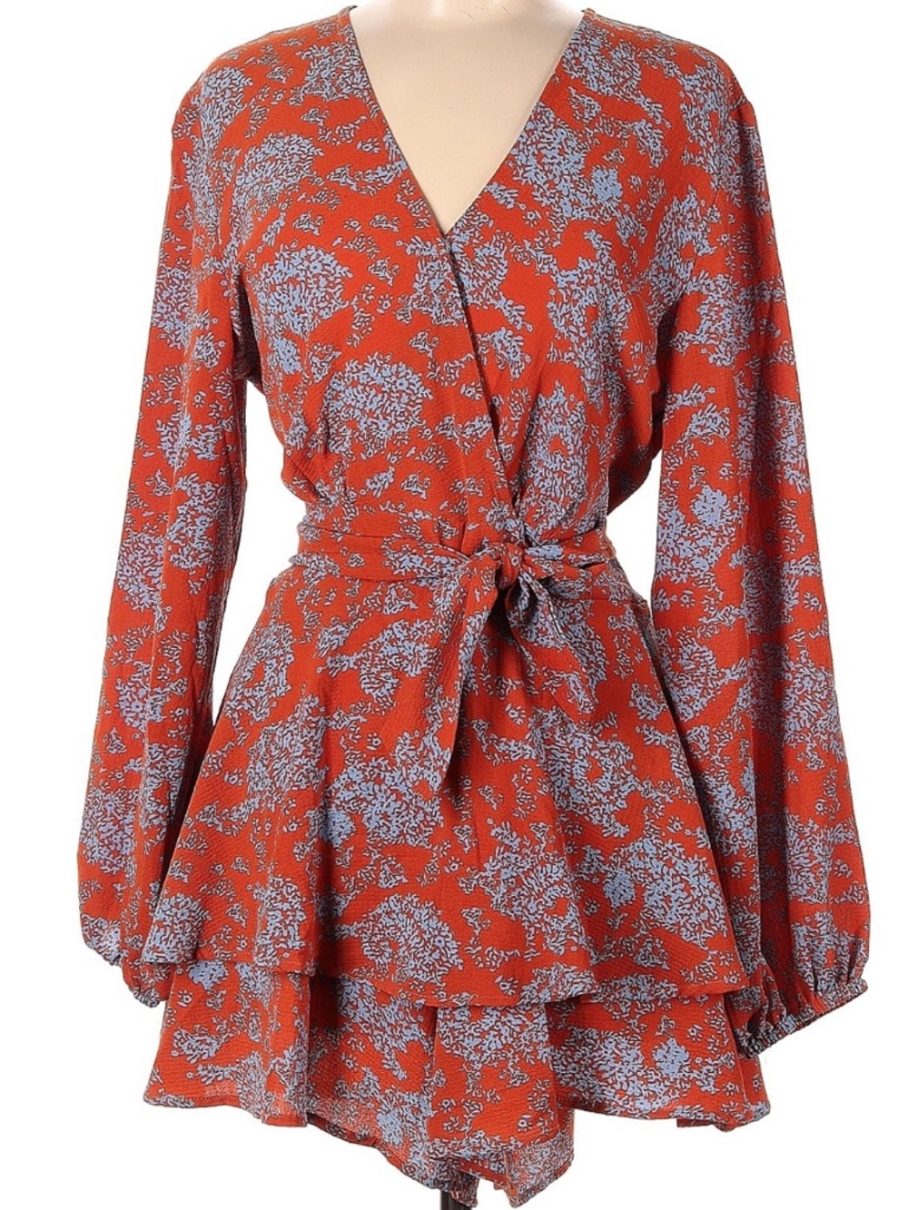 Floral Red Orange Ruffle Romper Sz L Coquette Boho Festival Fall